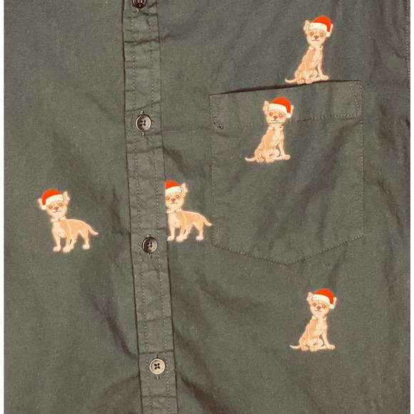Men’s Denim & Flower Black Christmas Santa Hat Chihuahua Dog Button Up Shirt - Picture 2 of 6